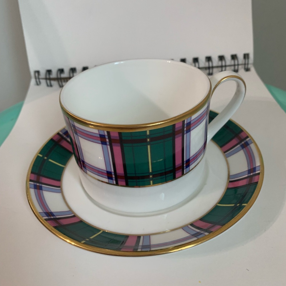 Vintage 1991 Minton Fine Bone China Tartan Royale Gold Rim Tea Cup & Saucer